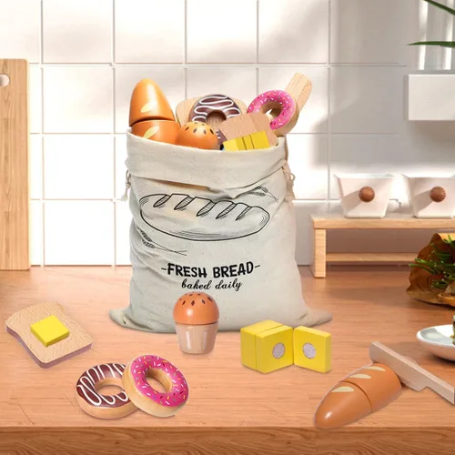 Vista 5 de Juego de madera para panadería, juguetes de comida, juego de cocina para niños, accesorios de cocina con bolsa de almacenamiento, juego