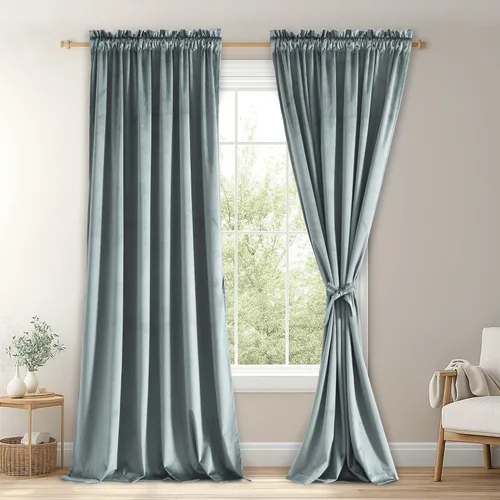 Vista 116 de JIUZHEN Cortinas de terciopelo beige de 63 pulgadas de ancho x 63 pulgadas de largo, cortinas de terciopelo retro suaves con bolsillo para barra
