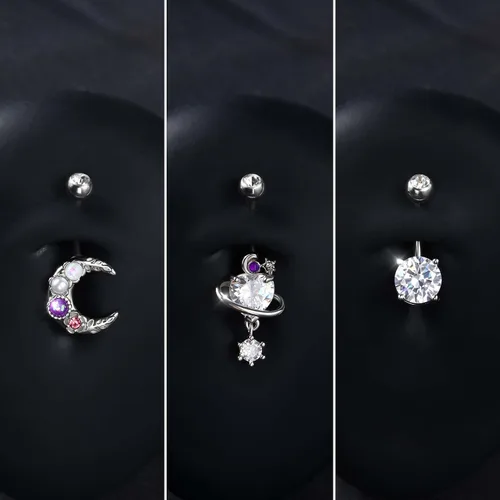 Vista 5 de CM Crareesi Mania Paquete de anillos para el ombligo de 14 G, 3 piezas de piercings brillantes para el ombligo para mujer, de acero quirúrgico 316L