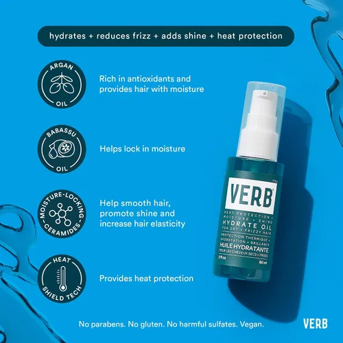 Vista 4 de VERB Hydrate Oil - Add Moisture -Increases Shine - Smooth Frizz - Heat Protection for Dry + Frizzy Hair - Amber + Warm Jasmine Scent