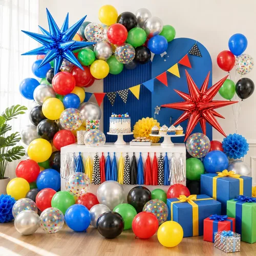 Vista 6 de Globos negros y rojos amarillos azules, globos de confeti de 12 pulgadas negros rojos amarillos azules verdes plateados metálicos con globo