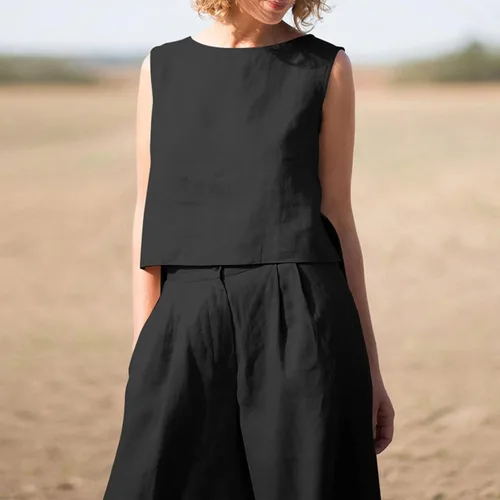 Vista 7 de DUOWEI Overol de pantalón para mujer, para boda, grande, liso, sin mangas, pantalones de algodón y lino, trajes casuales para mujer