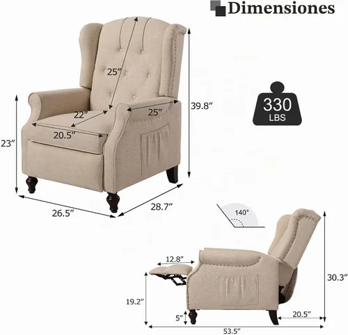 Vista 3 de Sillón reclinable con respaldo alado, color beige, par