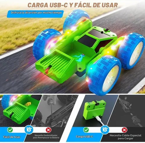 Vista 3 de Auto a control remoto, auto de acrobacias RC de 360° con rotación y giros con carga USB-C, batería modular, 4WD, autos RC con tiras de luces LED