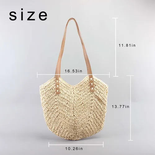 Vista 4 de ZNMDOK Bolsa de paja para mujer, bolsa de playa de verano, bolsa de hombro tejida grande con red de pesca