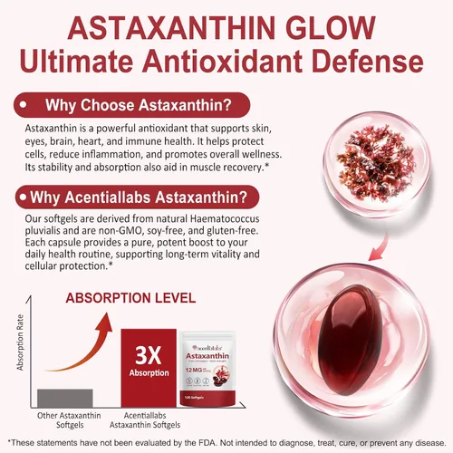Vista 5 de Astaxantina 12 mg, Astaxantina 120 cápsulas blandas premium, extraídas naturalmente de Haematococcus pluvialis Suministro de 4 meses