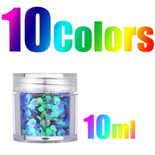 Vista 4 de Juego de 10 cajas de maquillaje con purpurina gruesa. Coloridos copos de purpurina cosmética mixta para sombra de ojos, cuerpo, uñas, labios