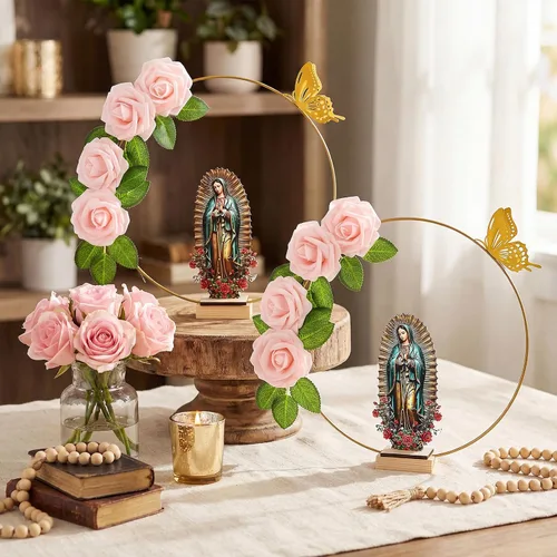 Vista 2 de BreezeHug 12 centros de mesa de bautismo para centros de mesa para bautizo bodas, 12 piezas de madera, 12 aros florales con soporte, 24 rosas