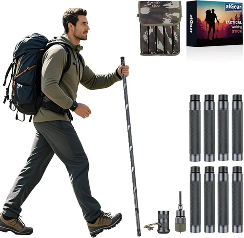 Vista 8 de aiGear H2 Survive Tactical Walking Stick Multi Tool – 7-in-1 Survival Hiking Staff, Adjustable Trekking Poles for Men, Outdoor Self Defense Stick