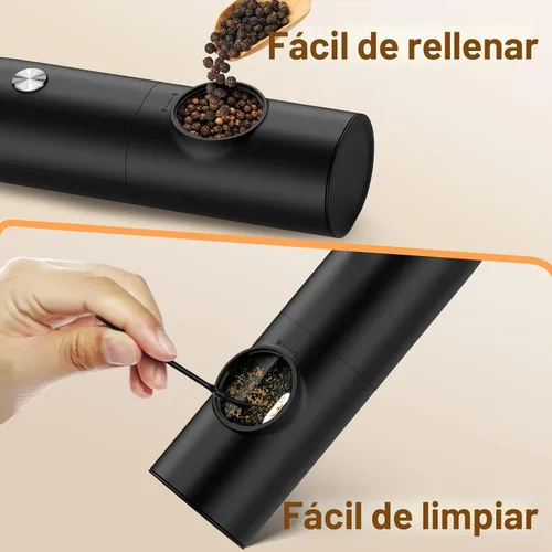 Vista 6 de Juego de molinillo eléctrico de sal y pimienta, molinillo de pimienta recargable automático con luz LED, grosor ajustable, saleros, operación