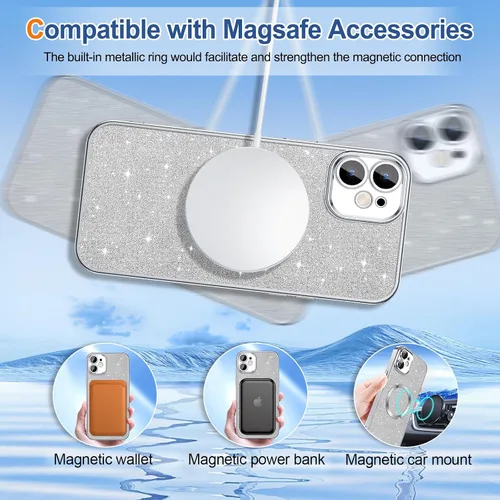 Vista 90 de Hython para iPhone 15 Plus Funda con chispas brillantes, Fundas transparentes magnéticas con protector de lente de cámara [Compatible con MagSafe]
