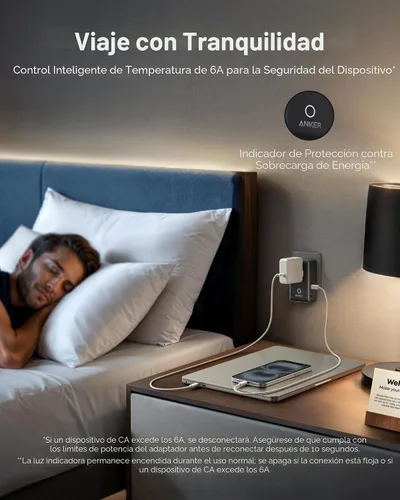 Vista 6 de Anker Adaptador de Viaje Nano, Adaptador de Corriente de 5 Puertos con 1 AC, 2 USB-A y 2 Puertos USB-C, Control Inteligente de Temperatura
