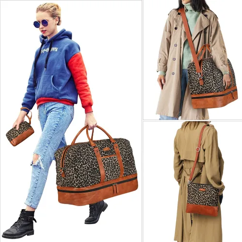 Vista 2 de Bolsa de viaje de lona grande para mujer, bolsa de viaje de lona con compartimento para zapatos de 21 pulgadas para mujeres y hombres, juego de 3