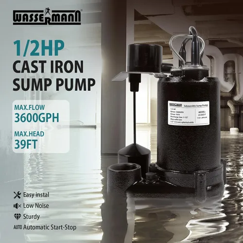 Vista 2 de [Usado] WASSERMANN 1/2HP 3600GPH Bomba de sumidero sumergible de hierro fundido con interruptor de flotador vertical, bomba de aguas residuales