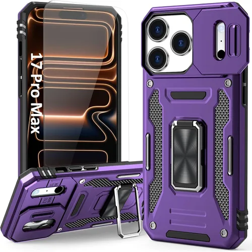 Vista 24 de Funda compatible con iPhone17 Pro con soporte, cubierta de cámara y protector de pantalla HD, doble capa a prueba de golpes, protección contra