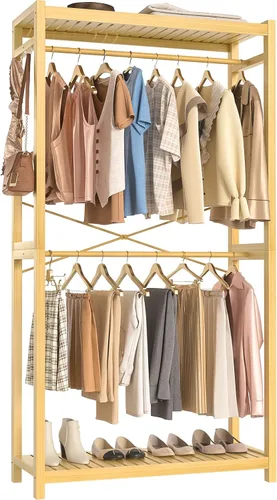 Vista 18 de Homykic Perchero de bambú para colgar ropa, perchero resistente con estantes ajustables de 7 niveles, varillas dobles, 4 ganchos, sistema de armario