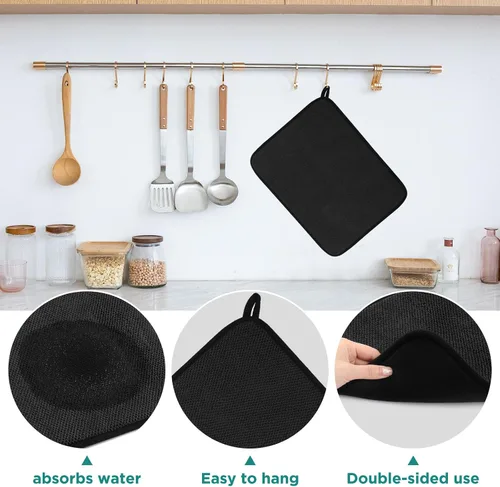Vista 4 de Tapete de microfibra para secar platos, almohadilla de secado de platos de cocina súper absorbente, reversible para encimera, 15 x 20 pulgadas, Negro