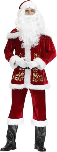 Vista 2 de Juego de disfraz de Papá Noel de 12 piezas de disfraz de Papá Noel para hombres y adultos traje de Papá Noel de lujo Outifit Cosplay Santa Accesorios