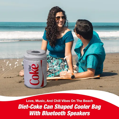 Vista 9 de Bolsa enfriadora con forma de lata de Coca Cola con altavoz Bluetooth, tiempo de reproducción de 5 horas, correas ajustables, cremalleras, tela