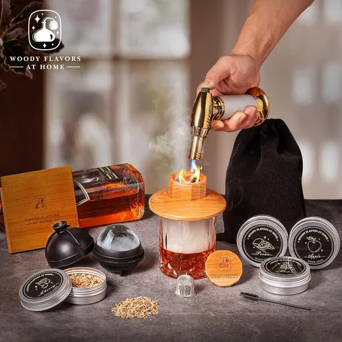 Vista 8 de Kit de ahumador de cóctel antiguo para whisky, bourbon y bebidas con ahumador de cereza, sabores de virutas de madera natural, antorcha culinaria