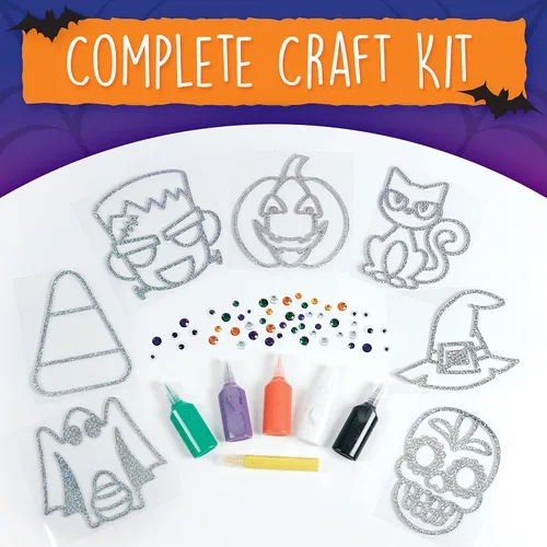 Vista 4 de Creativity for Kids Kit de arte para ventana de Halloween Crea 7 atrapasoles espeluznantes con pintura, diamantes de imitación y ojos ondulantes
