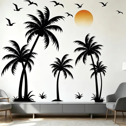 Vista 19 de Calcomanías de Pared Bohemias de Mediados de Siglo Modernas Despegar y Pegar, Pegatinas de Vinilo de Pared de Arcos Grandes Sol, Hojas Plantas