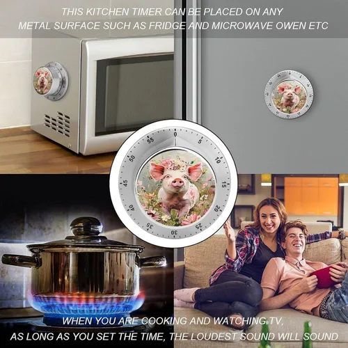 Vista 4 de Pig Floral Kitchen Timer Mechanical No-Battery, Magnetic Back, Loud Alarm for Kitchen, Study & Fitness