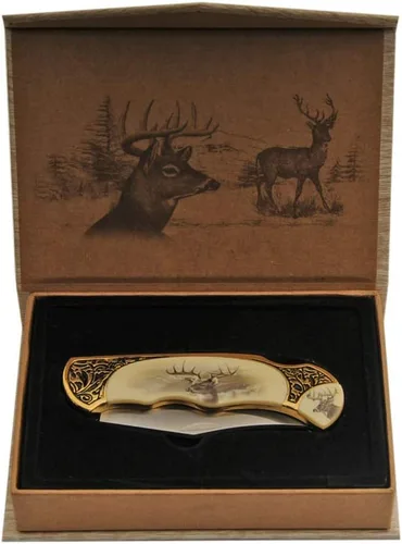 Vista 2 de SZCO Supplies Cuchillo plegable con caja de regalo de ciervo, amarillo