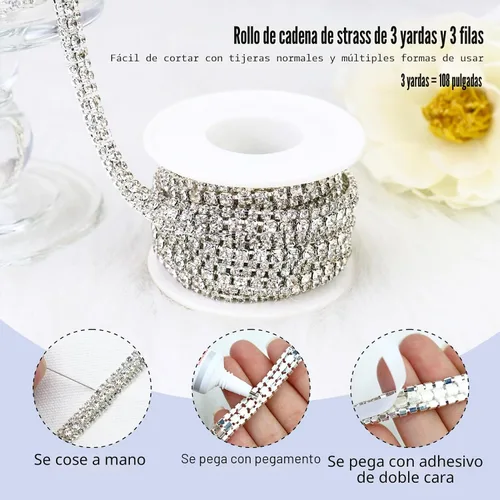 Vista 2 de Cadena de diamantes de imitación de 3 yardas con 3 filas para manualidades, cadena de cierre de diamantes de imitación plateada para hacer joyas