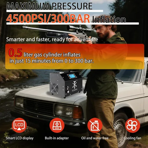 Vista 4 de TUXING Compresor de Aire PCP, Versión con Pantalla LCD, Parada Automática 4500Psi/30Mpa, Sin Aceite/Agua, Bomba con Transformador/Sistema de Drenaje