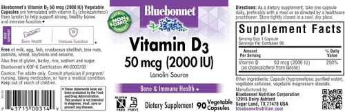 Vista 2 de BlueBonnet Vitamina D3 2000 UI cápsulas vegetales, 90