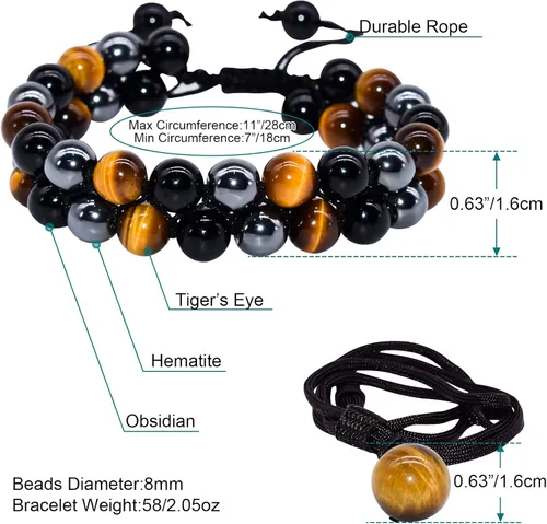Vista 4 de Pulsera de triple protección, hecha a mano, pulsera de cristal para hombres y mujeres, cuentas de ojo de tigre, hematita y obsidiana negra, piedra