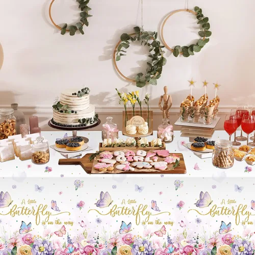 Vista 6 de FunnyPars Paquete de 3 manteles de mariposa para baby shower, decoración de baby shower, mantel rectangular desechable de plástico con temática