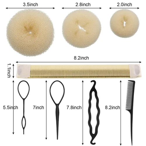 Vista 2 de WILLBOND Juego de moldeador de moño, 3 donas para el cabello, 2 marcadores de moño, 4 herramientas de cola de caballo, 10 pines y 2 bandas