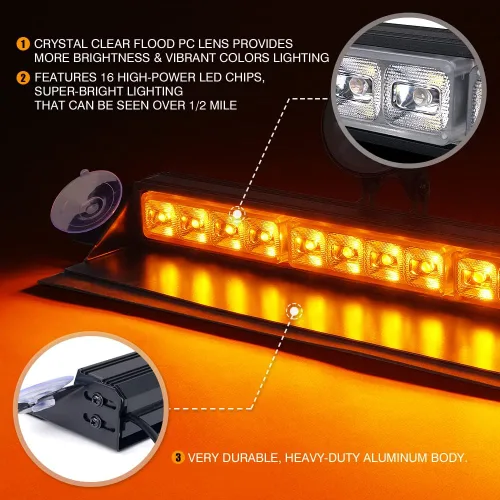 Vista 3 de Xprite Barra de luz estroboscópica LED ámbar, parabrisas delantero, tablero, cubierta, luces intermitentes de advertencia de peligro y precaución