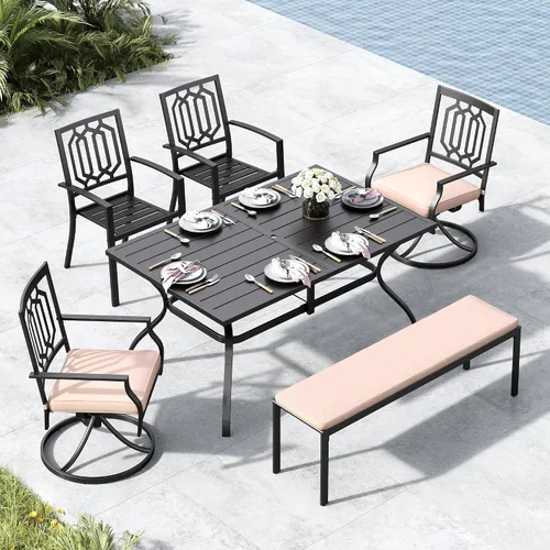 Vista 10 de MFSTUDIO Juego de comedor al aire libre para 6 con agujero para paraguas Patrón de red