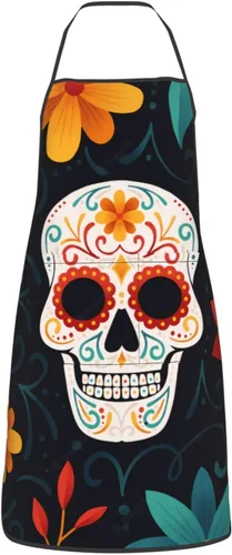 Vista 13 de Delantal de calavera de azúcar, delantales de cocina para hombres y mujeres, delantal de cocina, delantal de chef, delantales de jardín ajustables