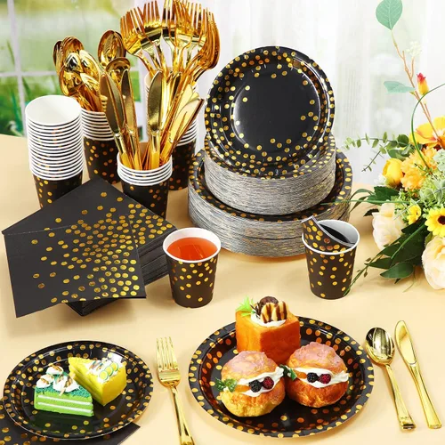Vista 3 de 700 piezas de suministros de fiesta negros y dorados, juegos de vajilla desechables para 100 invitados, platos de papel negro y dorado, servilletas