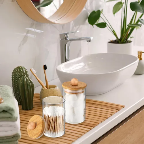 Vista 6 de Paquete de 6 tarros de boticario de vidrio con tapas, accesorios de baño de bambú, bolas de algodón, almohadillas para hisopos, frascos de baño