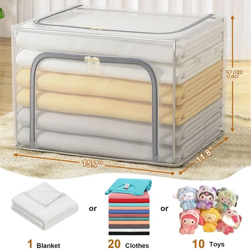 Vista 2 de Paquete de 3 contenedores de almacenamiento de ropa, bolsas de almacenamiento de ropa con asa duradera, organizadores plegables transparentes debajo