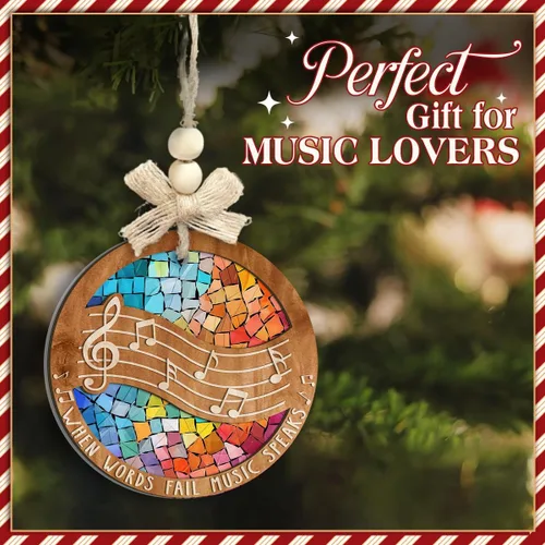 Vista 3 de Adorno de madera con melodía musical – Adorno navideño de notas musicales en clave de sol – “Cuando las palabras fallan, la música habla”, adornos