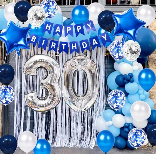 Vista 6 de Decoración de fiesta de cumpleaños número 30 para hombres, pancarta de feliz cumpleaños, color azul, plateado, número 30, globos de papel