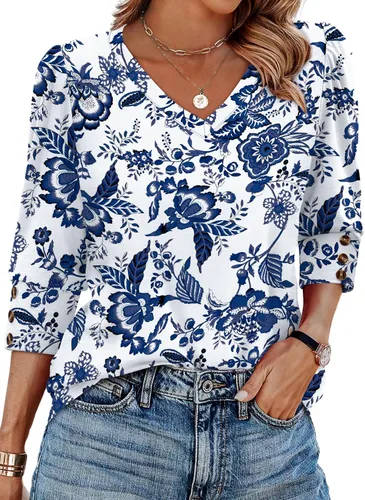 Vista 13 de XIEERDUO - Blusas de manga 3/4 para mujer, cuello en V, con botones, estilo A-blanco