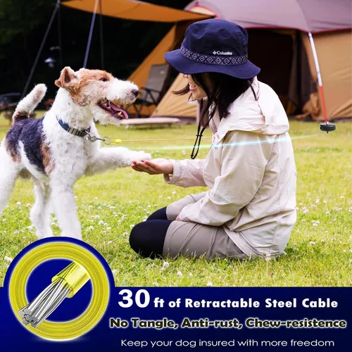 Vista 12 de Cable y estaca de amarre para perros de 30 pies, anclaje de acero en espiral pesado de 360° sin enredos y correa retráctil para perros pequeños a