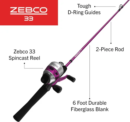Vista 2 de Zebco 33 Spincast Reel and Fishing Rod Combo, 6-Foot 2-Piece Fiberglass Rod with EVA Handle, Quickset Anti-Reverse Fishing Reel with Bite Alert