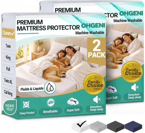 Vista 35 de OhGeni - Protector de colchón impermeable, tamaño Queen, con bolsillo profundo de 6 a 18 pulgadas, transpirable, sin ruido, suave, lavable, a prueba