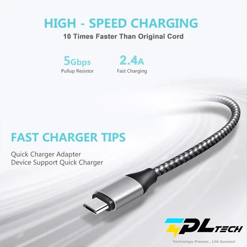 Vista 5 de TPLTECH Cable de carga para controlador PS4, 2 unidades-15 pies Micro USB 2.0 de nailon trenzado, cargador rápido y cable, cable de carga