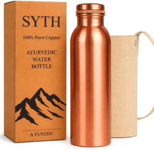 Vista 10 de SYTH Botella de agua de cobre 100% puro con bolsa de lona de transporte, probada en laboratorio, 34 onzas, a prueba de fugas, recipiente de cobre