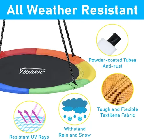 Vista 3 de Columpio de árbol de platillo de 43 pulgadas para niños, columpio redondo de textileno duradero, resistente, impermeable y resistente a todo