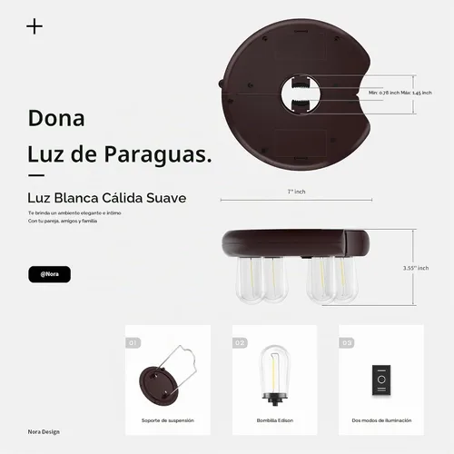 Vista 6 de Luz para sombrilla de patio con bombillas LED Edison, funciona con pilas, luces de poste para sombrilla para exteriores con 2 modos de iluminación